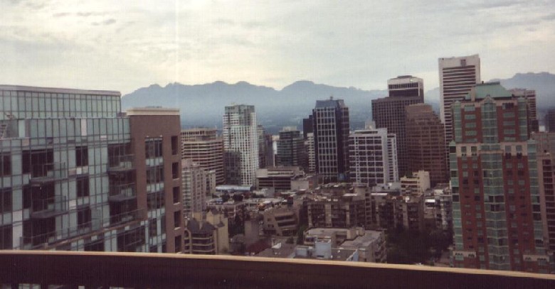 Vancouver skyline from balcony of 27th floor suite in the Century Plaza Hotel